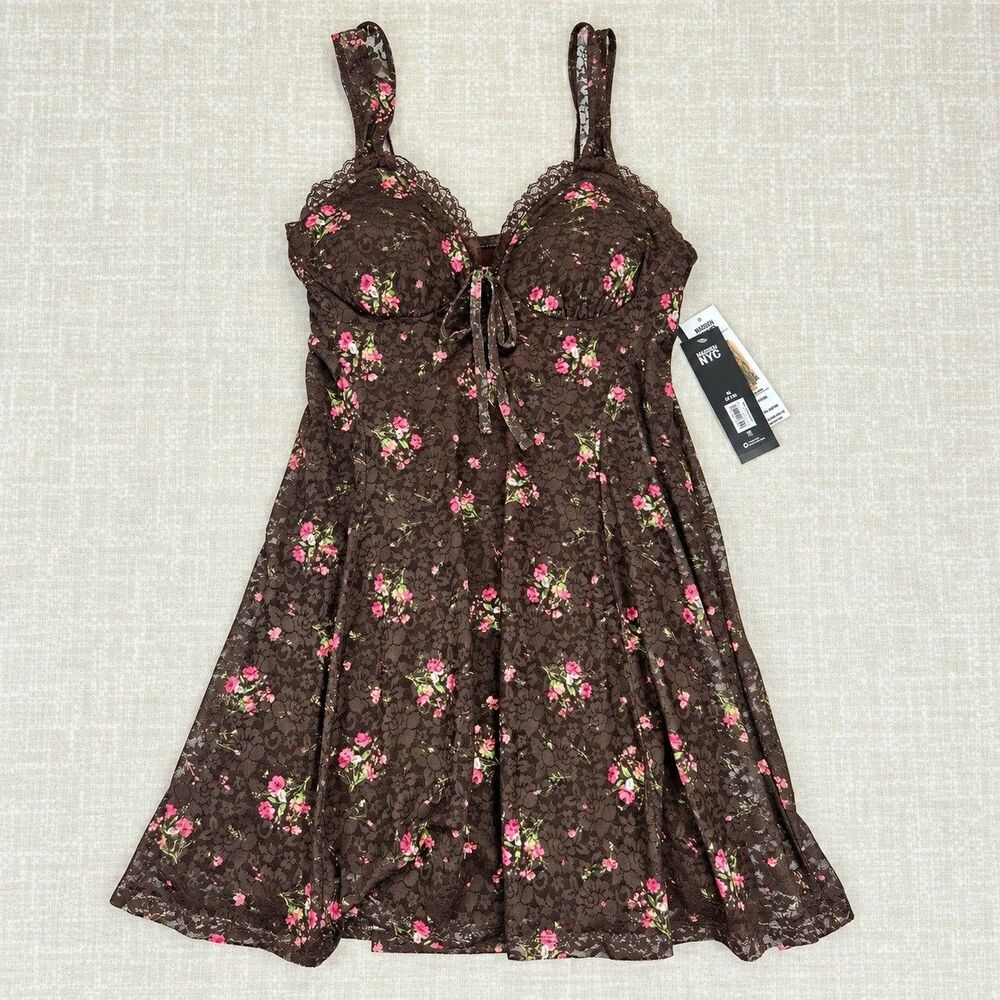 NWT Madden NYC Brown Skater Floral Garden Lace Mini Dress (M) Cottage Coquette